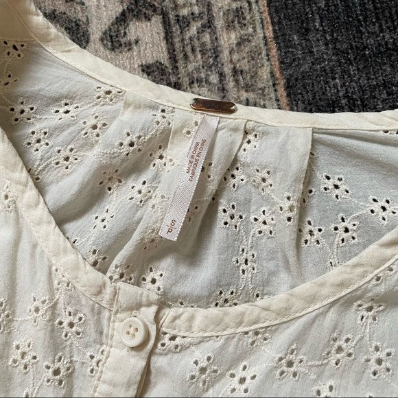 Free People Button Down Eyelet Off White Cream Balloon Sleeve Blouse Small - Picture 3 of 6